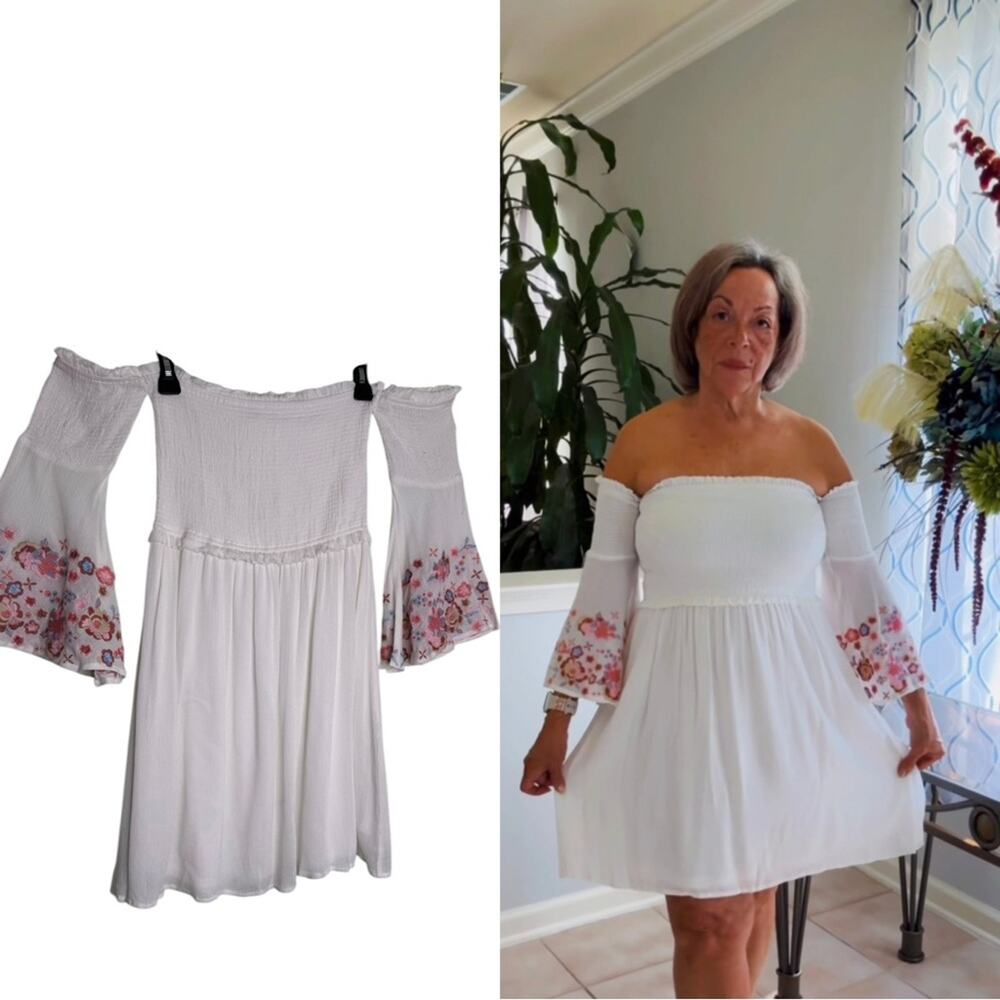 Altar'd State Floral Embroidered Smock Dress With Bell Sleeves Size Medium